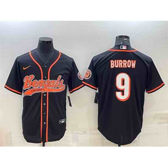 Men Cincinnati Bengals #9 Joe Burrow Black With Patch Cool Base Stitched Baseball Jersey