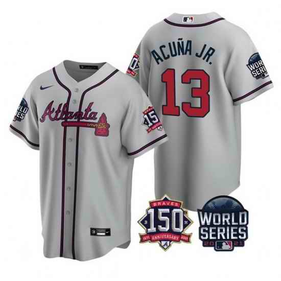 Men Atlanta Braves #13 Ronald Acuna Jr  2021 Gray World Series With 150th Anniversary Patch Cool Base Stitched Jersey