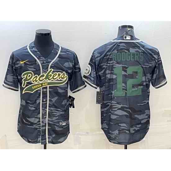 Men Green Bay Packers #12 Aaron Rodgers Grey Green Camo With Patch Cool Base Stitched Baseball Jersey