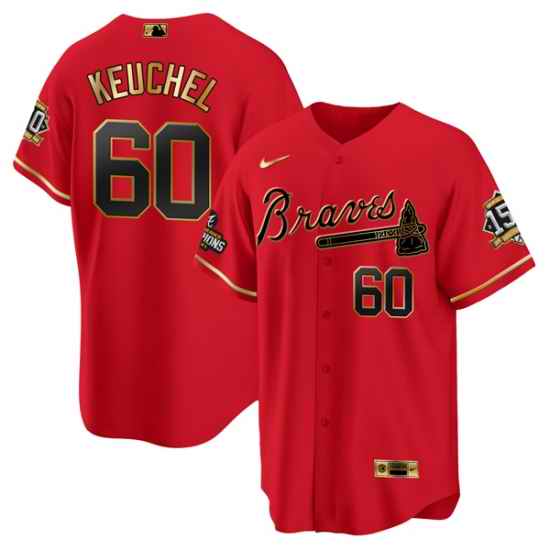 Men Atlanta Braves #60 Dallas Keuchel Red Gold World Series Champions With 150th Anniversary Patch Cool Base Stitched Jersey