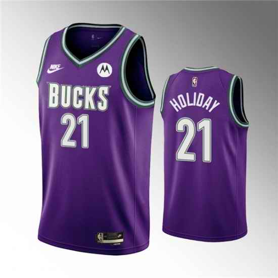 Men Milwaukee Bucks #21 Jrue Holiday 2022 23 Purple Classic Edition Swingman Stitched Basketball Jersey