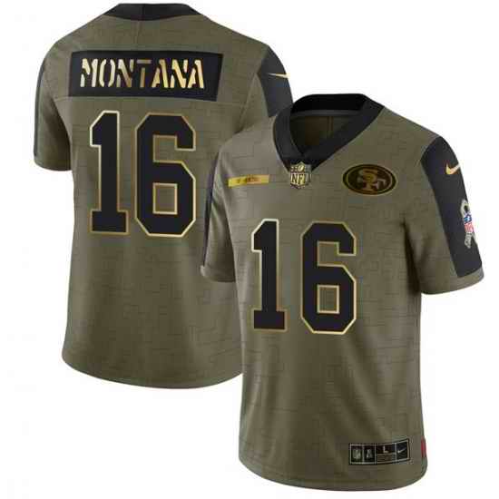 Men San Francisco 49ers #16 Joe Montana 2021 Olive Camo Salute To Service Golden Limited Stitched Jersey