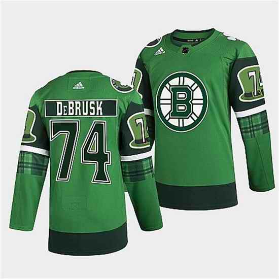 Men Boston Bruins #74 Jake DeBrusk 2022 Green St Patricks Day Warm Up Stitched jersey