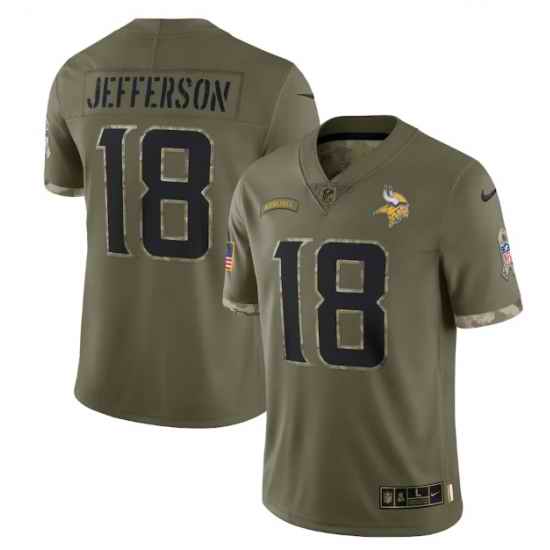 Men Minnesota Vikings #18 Justin Jefferson Olive 2022 Salute To Service Limited Stitched Jersey