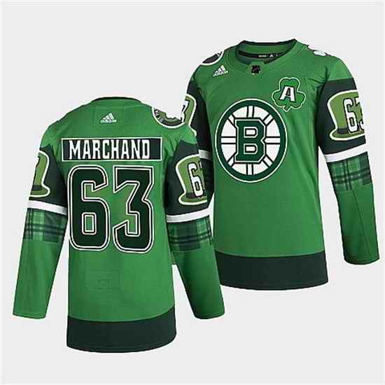 Men Boston Bruins #63 Brad Marchand 2022 Green St Patricks Day Warm Up Stitched jersey
