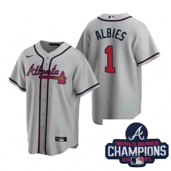 Men Nike Atlanta Braves #1 Ozzie Albies Gray Road Stitched Baseball Stitched MLB 2021 Champions Patch Jersey