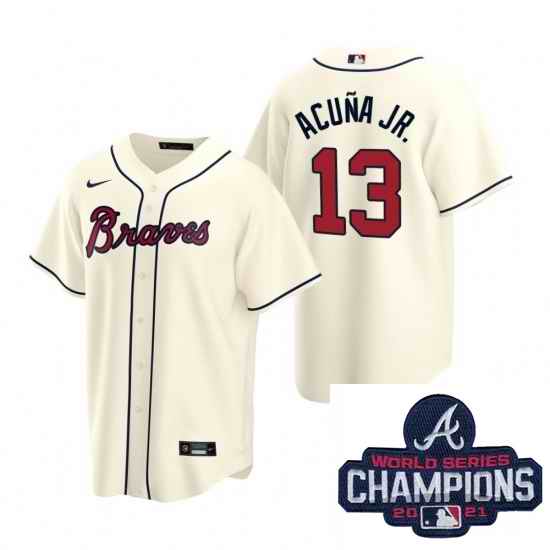 Men Nike Atlanta Braves #13 Ronald Acuna Jr Cream Alternate Stitched Baseball Stitched MLB 2021 Champions Patch Jersey