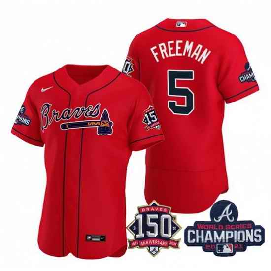 Men's Red Atlanta Braves #5 Freddie Freeman 2021 World Series Champions With 150th Anniversary Flex Base Stitched Jersey