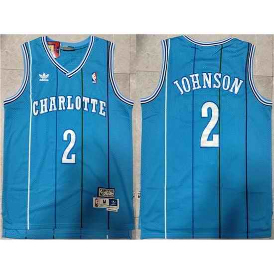 Men Charlotte Hornets #2 Larry Johnson Blue Mitchell  26 Ness Throwback Stitched Jersey