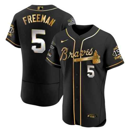 Men Atlanta Braves #5 Freddie Freeman Black Golden World Series Champions With 150th Anniversary Patch Flex Base Stitched Jersey