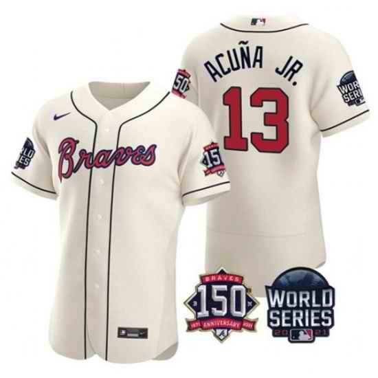 Men Atlanta Braves #13 Ronald Acuna Jr  2021 Cream World Series With 150th Anniversary Patch Stitched Baseball Jersey