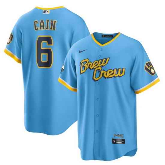 Men Milwaukee Brewers #6 Lorenzo Cain 2022 Powder Blue City Connect Cool Base Stitched Jersey