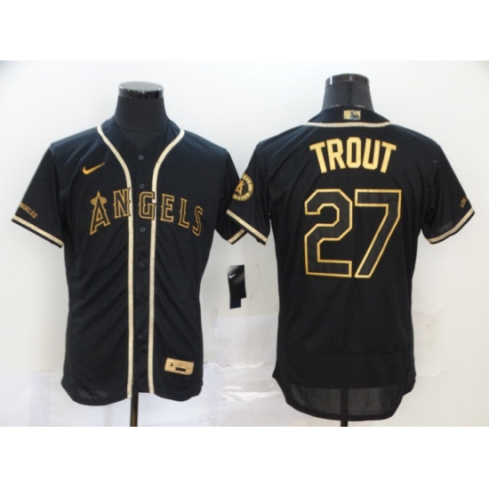 Men Nike Los Angeles Angels #27 Mike Trout Black Gold Cool Base Stitched Jersey