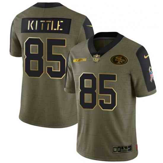 Men San Francisco 49ers #85 George Kittle 2021 Olive Camo Salute To Service Golden Limited Stitched Jersey