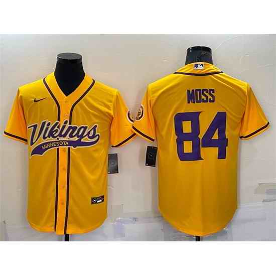 Men Minnesota Vikings #84 Randy Moss Gold With Patch Cool Base Stitched Baseball Jersey