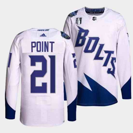 Men Tampa Bay Lightning #21 Brayden Point 2022 White Stanley Cup Final Patch Stitched Jersey