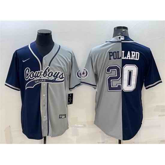 Men Dallas Cowboys #20 Tony Pollard Navy Grey Split With Patch Cool Base Stitched Baseball Jersey