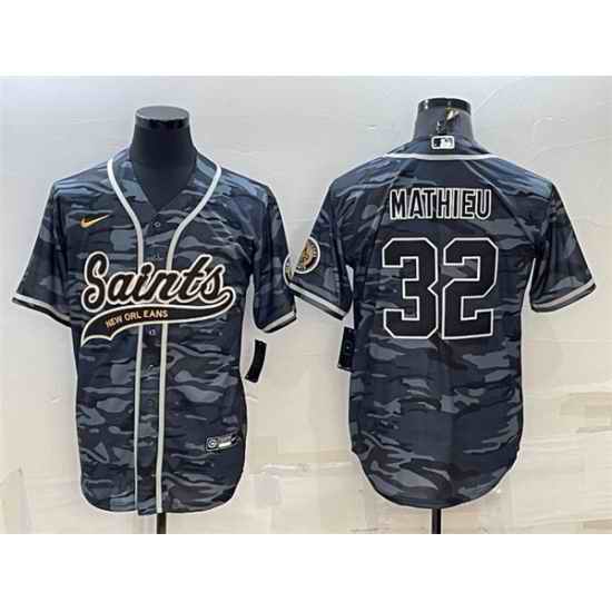 Men New Orleans Saints #32 Tyrann Mathieu Grey Camo With Patch Cool Base Stitched Baseball Jerse
