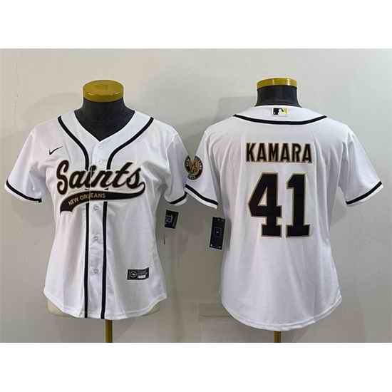 Women New Orleans Saints #41 Alvin Kamara White With Patch Cool Base Stitched Baseball Jersey