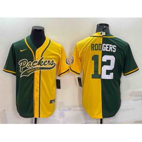 Men Green Bay Packers #12 Aaron Rodgers Green Yellow Split With Patch Cool Base Stitched Baseball Jersey