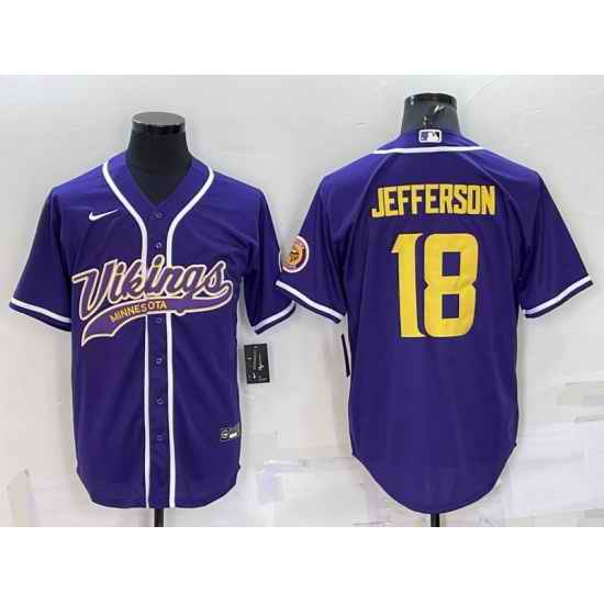 Men Minnesota Vikings #18 Justin Jefferson Purple Gold With Patch Cool Base Stitched Baseball Jersey