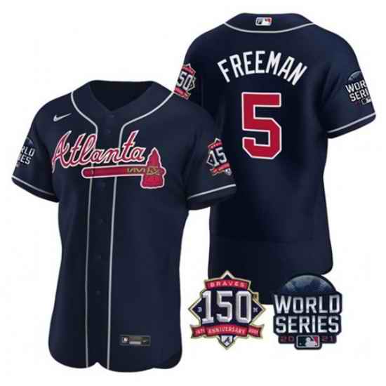 Men Atlanta Braves #5 Freddie Freeman 2021 Navy World Series With 150th Anniversary Patch Stitched Baseball Jersey