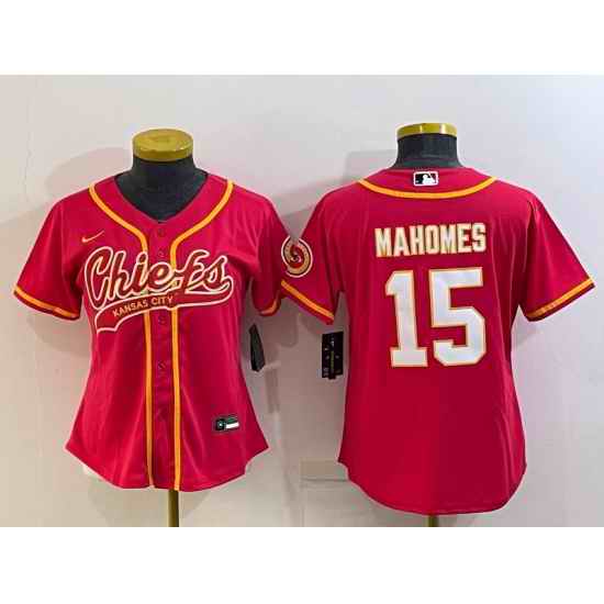 Women Kansas City Chiefs #15 Patrick Mahomes Red With Patch Cool Base Stitched Baseball Jersey