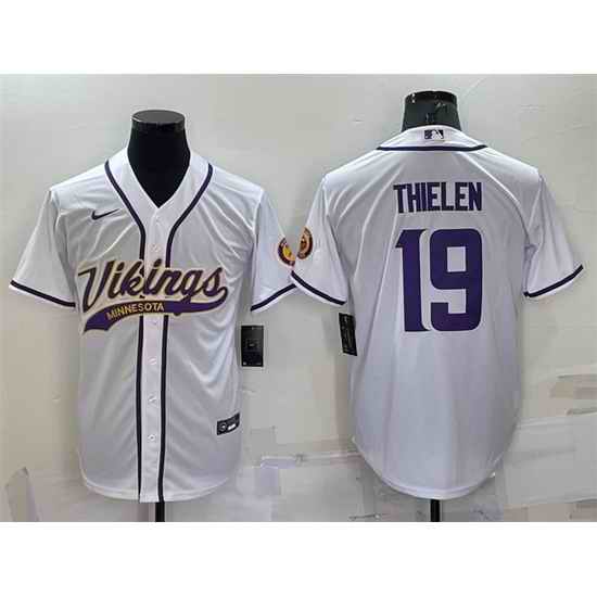 Men Minnesota Vikings #19 Adam Thielen White With Patch Cool Base Stitched Baseball Jersey