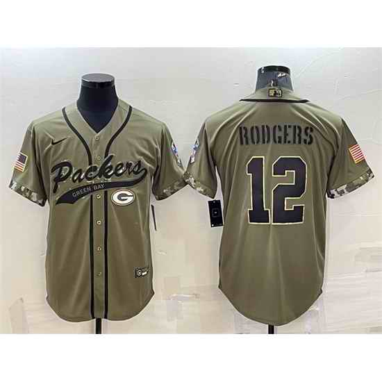 Men Green Bay Packers #12 Aaron Rodgers Olive 2022 Salute To Service Cool Base Stitched Baseball Jersey