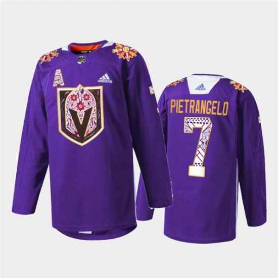 Men Vegas Golden Knights #7 Alex Pietrangelo Purple Hispanic Heritage Warmup Stitched Jersey
