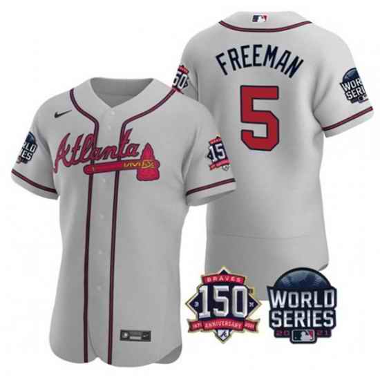 Men Atlanta Braves #5 Freddie Freeman 2021 Grey World Series With 150th Anniversary Patch Stitched Baseball Jersey