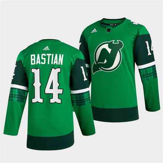 Men New jerseyy Devils #14 Nathan Bastian Green Warm Up St Patricks Day Stitched jersey