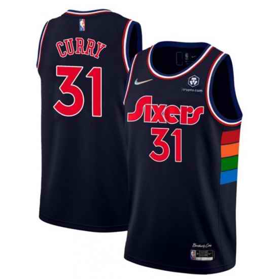 Men Philadelphia 76ers 31 Seth Curry 2021 #22 City Edition Navy 75th Anniversary Stitched Swingman Jersey