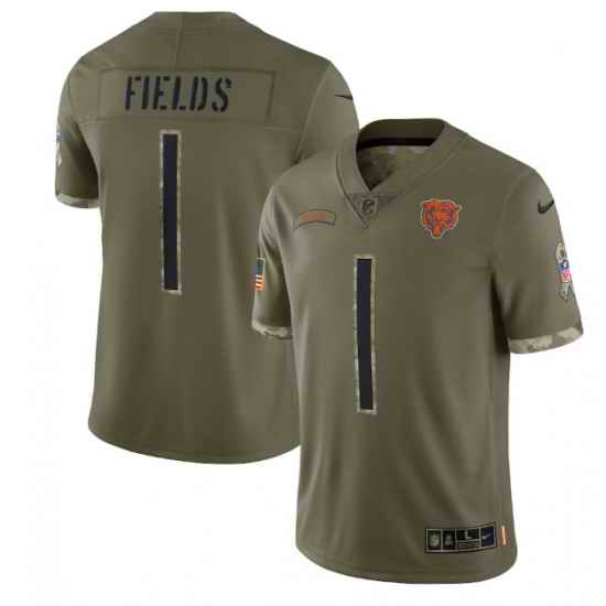 Men Chicago Bears #1 Justin Fields Olive 2022 Salute To Service Limited Stitched Jersey
