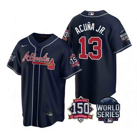 Men Atlanta Braves #13 Ronald Acuna Jr  2021 Navy World Series With 150th Anniversary Patch Cool Base Stitched Jersey