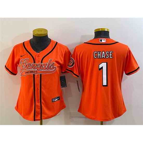 Women Cincinnati Bengals #1 Ja 27Marr Chase Orange With Patch Cool Base Stitched Baseball Jersey