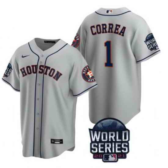 Men Houston Astros #1 Carlos Correa 2021 Gray World Series Cool Base Stitched Baseball Jersey