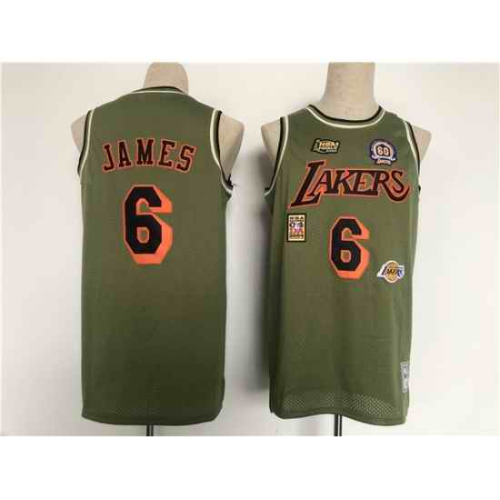 Men Los Angeles Lakers #6 LeBron James Green Military Flight Patchs Stitched Basketball Jersey