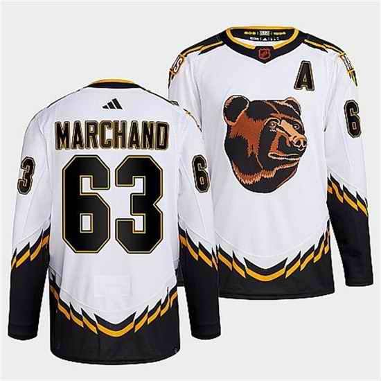 Men Boston Bruins #63 Brad Marchand White 2022 Reverse Retro Stitched Jersey