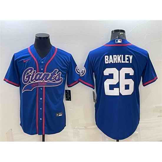 Men New York Giants #26 Saquon Barkley Blue With Patch Cool Base Stitched Baseball Jersey