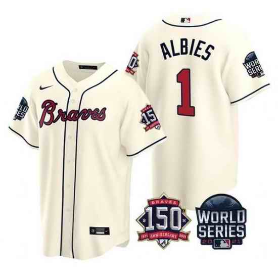 Men Atlanta Braves #1 Ozzie Albies 2021 Cream World Series With 150th Anniversary Patch Cool Base Stitched Jersey