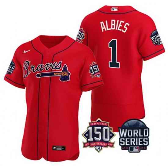 Men Atlanta Braves #1 Ozzie Albies 2021 Red World Series With 150th Anniversary Patch Stitched Baseball Jersey