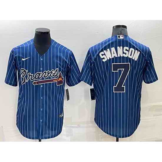 Men Atlanta Braves #7 Dansby Swanson Navy Cool Base Stitched Baseball Jersey