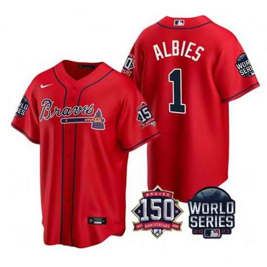 Men Atlanta Braves #1 Ozzie Albies 2021 Red World Series With 150th Anniversary Patch Cool Base Stitched Jersey
