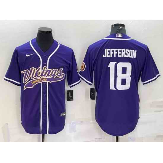 Men Minnesota Vikings #18 Justin Jefferson Purple With Patch Cool Base Stitched Baseball Jersey