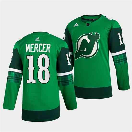 Men New jerseyy Devils #18 Dawson Mercer Green Warm Up St Patricks Day Stitched jersey