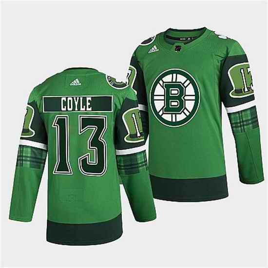 Men Boston Bruins #13 Charlie Coyle 2022 Green St Patricks Day Warm Up Stitched jersey