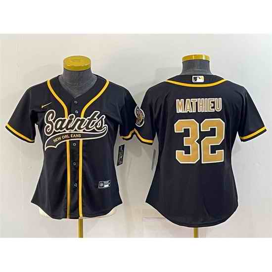 Women New Orleans Saints #32 Tyrann Mathieu Black With Patch Cool Base Stitched Baseball Jersey