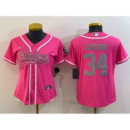Women Las Vegas Raiders #34 Bo Jackson Pink Silver With Patch Cool Base Stitched Baseball Jersey