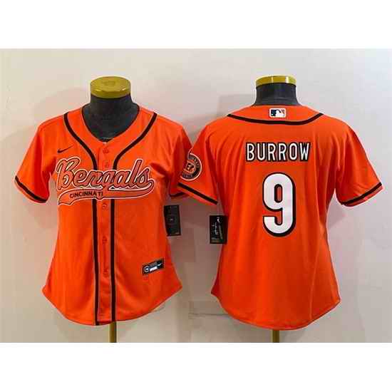 Women Cincinnati Bengals #9 Joe Burrow Orange With Patch Cool Base Stitched Baseball Jersey